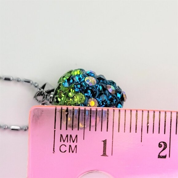 STRAWBERRY Shape Mini Aqua Blue and Lime Green Rhinestone Small Pendant Necklace - Picture 3 of 12